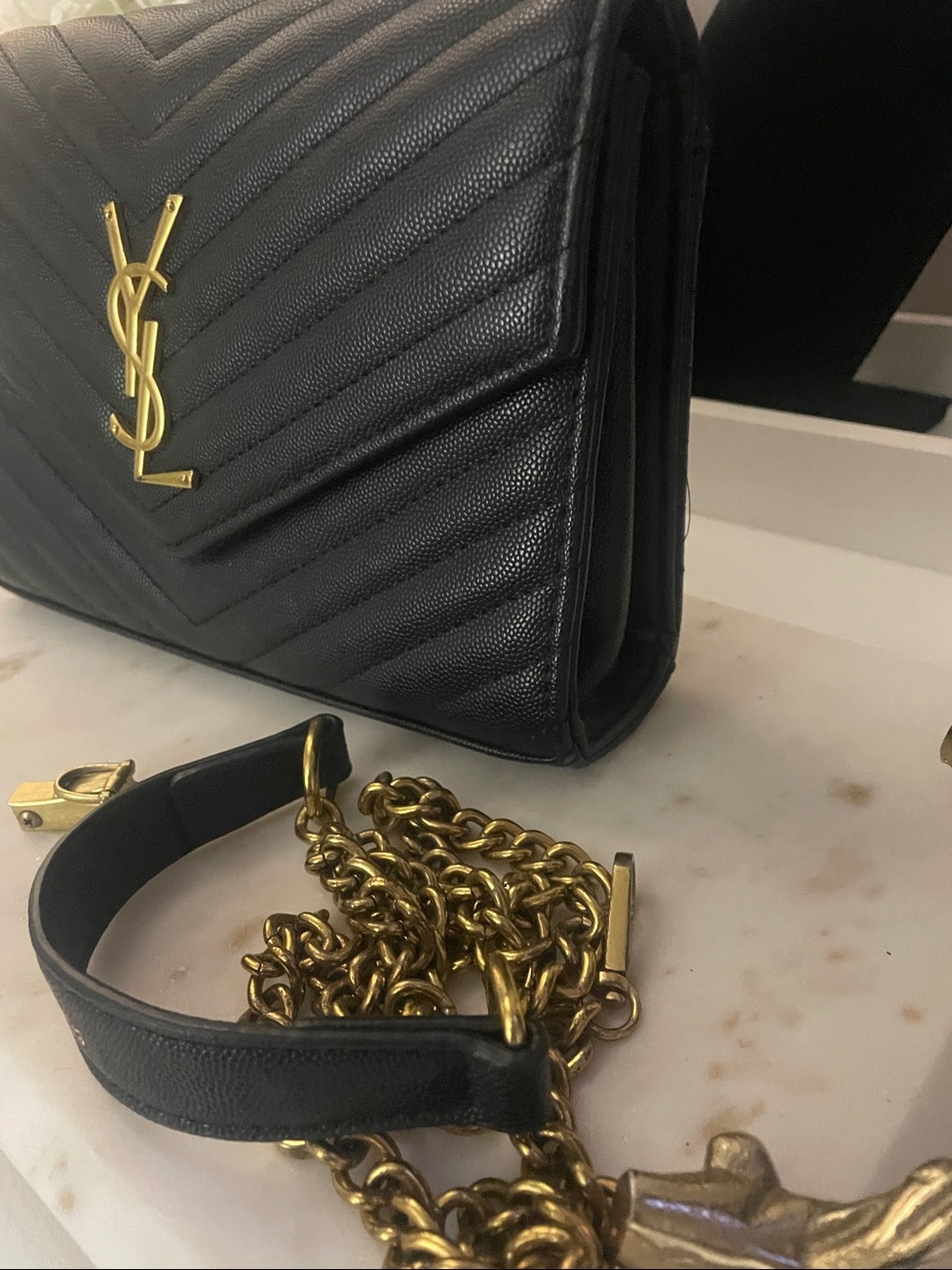 Black Quilted Chevron Wallet-On-Chain with Gold YSL - Picture 4 of 4
